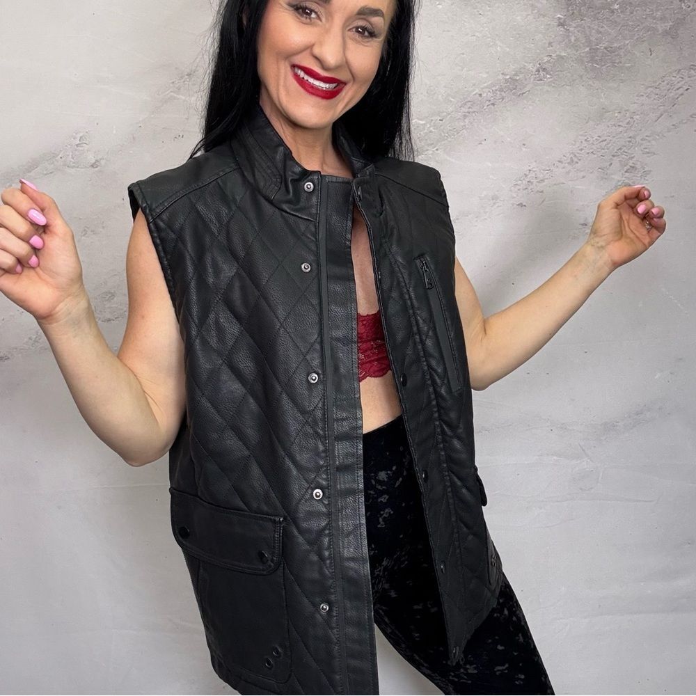 Black Quilted Sleeveless Vest with Stand-Up Collar